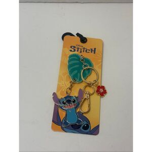 Disney Stitch Gold Tone Keychain Bag Charm Faux Leather Leaf Flower Clip NWT